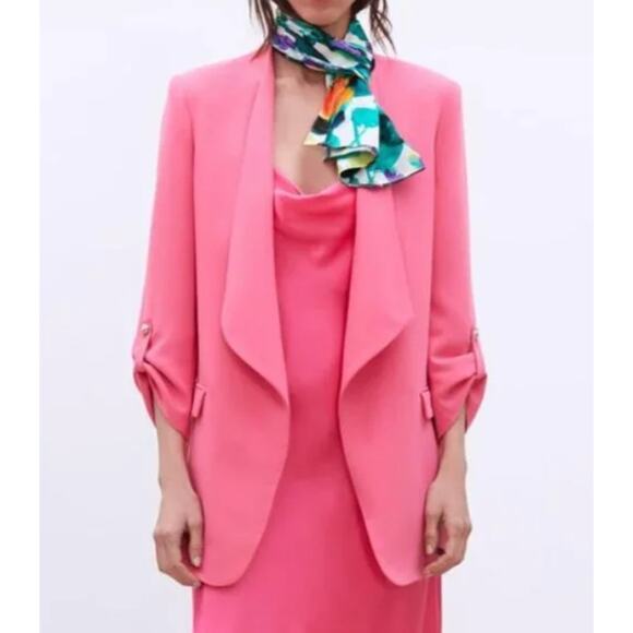 Zara Open Front Blazer Small Pink Rolled 3/4 Sleeves Oversized Cascade Neck - Picture 1 of 13